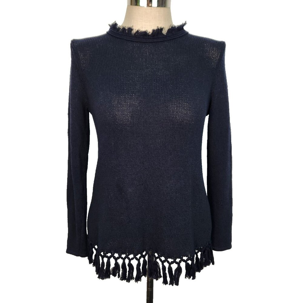 J. McLaughlin Tassel Hem Fringe Crew Neck Sweater M Navy Blue Cotton Long Sleeve
